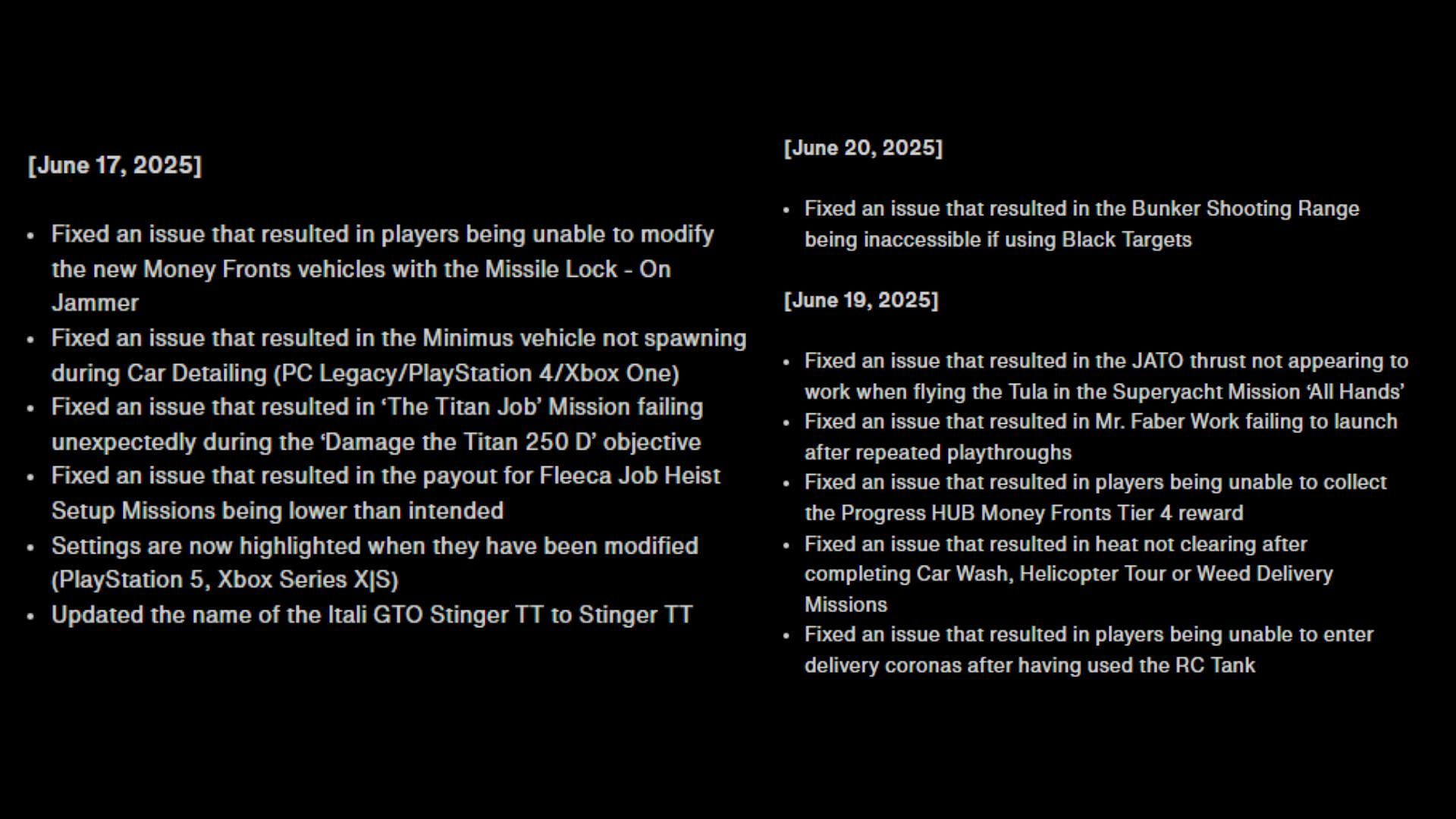 Some of the recent fixes mentioned in the latest GTA Online patch notes (Image via Rockstar Games)